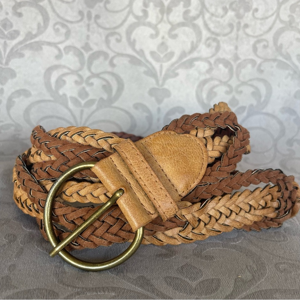 Braided Woven D-Ring Brass Buckle Adjustable Belt Brown and Tan